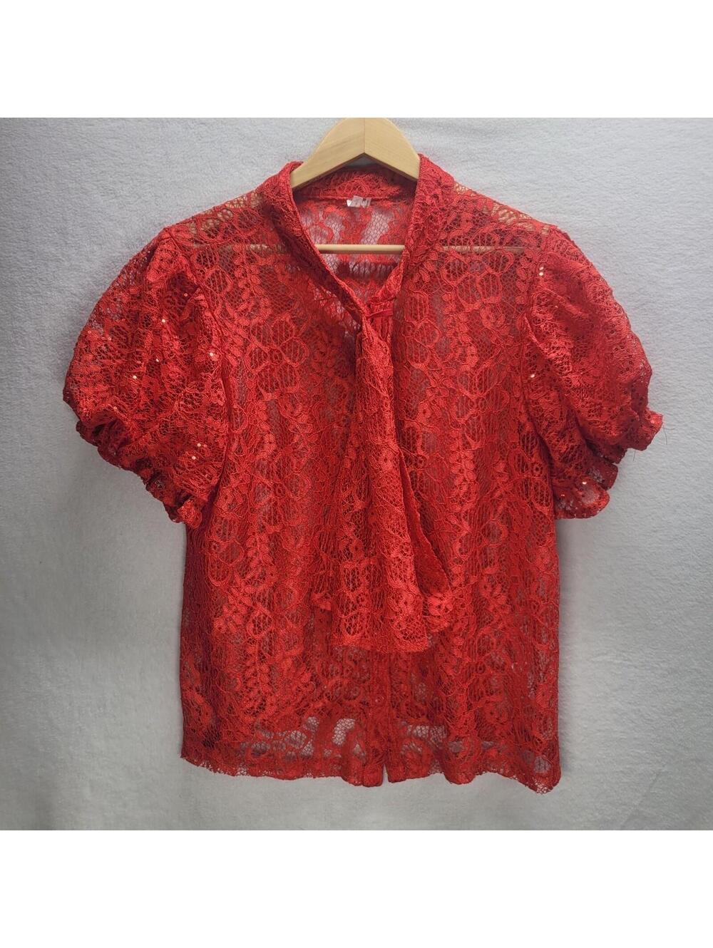Mirror Image Floral Lace Neck Tie Blouse Womens SZ LG W/ Sequins Details